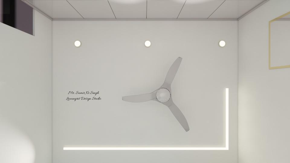 Top view of a modern living room gypsum false ceiling with an L-shape profile light, three recessed spot lights and a ceiling fan