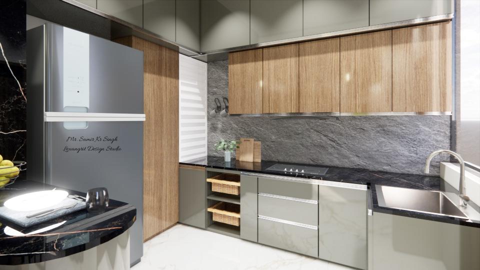L-shaped modern functional kitchen with veneer wall cabinets, grey laminated loft and base counter, tall unit, tambour unit, sink unit, wicker basket unit and efficient kitchen triangle.