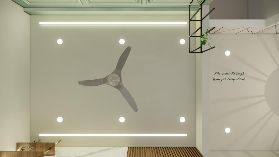 Top view of a plain false ceiling with two parallel long profile lights, six recessed spot lights and a ceiling fan