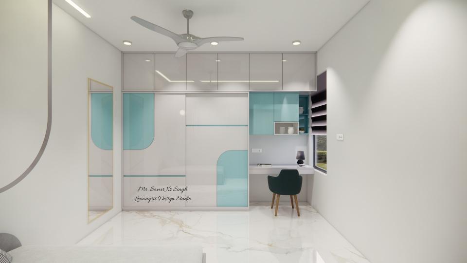 In this image there is a wardrobe with study unit. The wardrobe is made in a high gloss shuttle white and aqua color. It's a slider type wordrbe. In the left side a floating table with keyboard drawer and a wall unit with open units made up with high gloss aqua laminate. And, above all its coverd with lofts