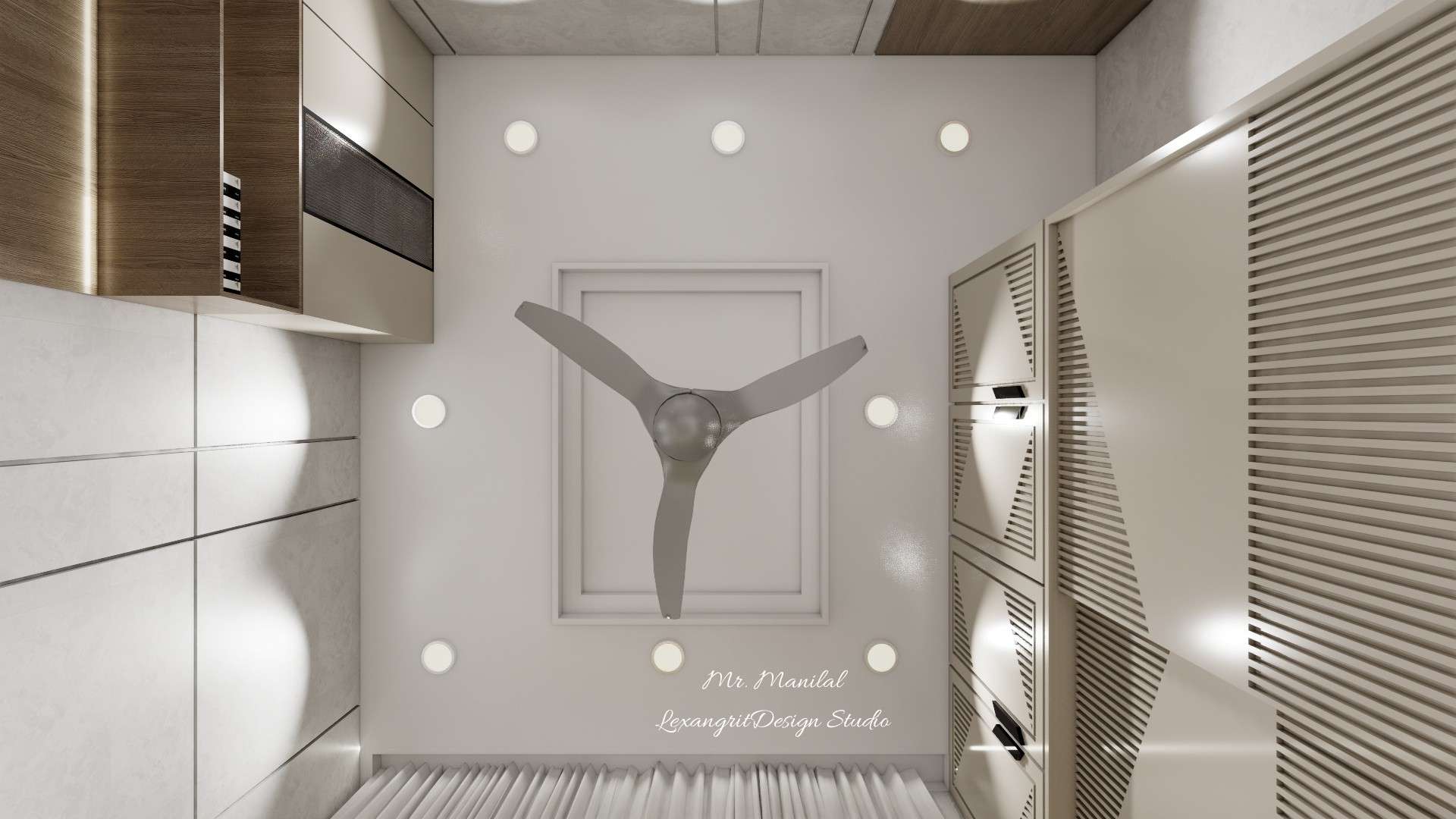 10x10 ft bedroom false ceiling with a maintenance-free double tray design featuring eight surface lights for uniform illumination.