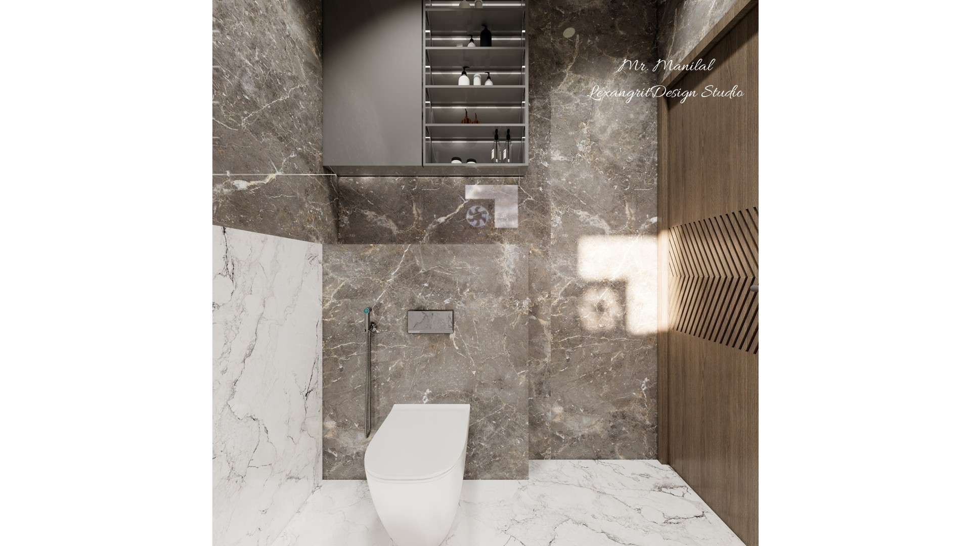 Attached bathroom wall with brown and white veined tiles, wall mounted WC, and hanging grey laminate storage unit