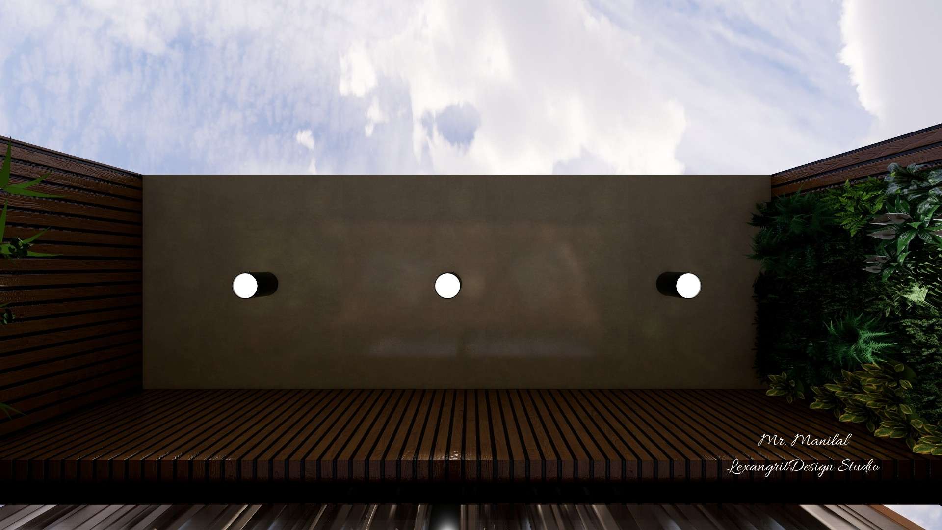 Balcony ceiling with textured brown cement finish with cylindrical lights