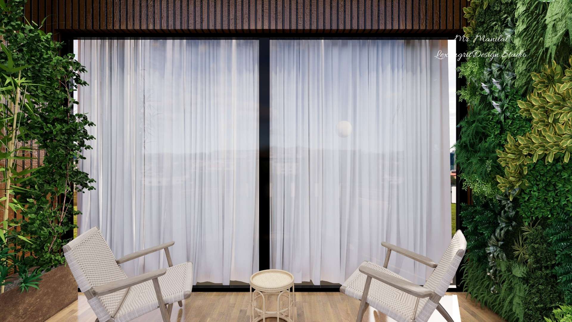 Balcony sliding glass door with UPVC or Aluminium, plant wall on the right & Long plant pot at the left