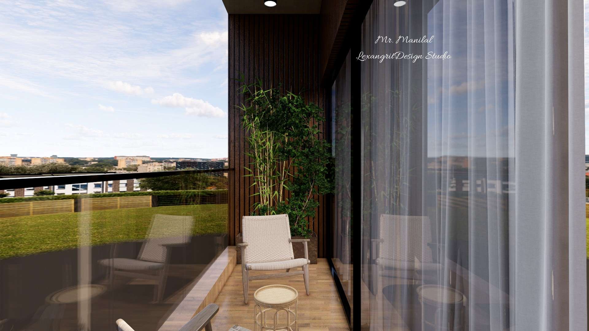 Balcony wall design with brown texture louvers and long planter pot, modern glass balcony with sliding door and toughened glass railing