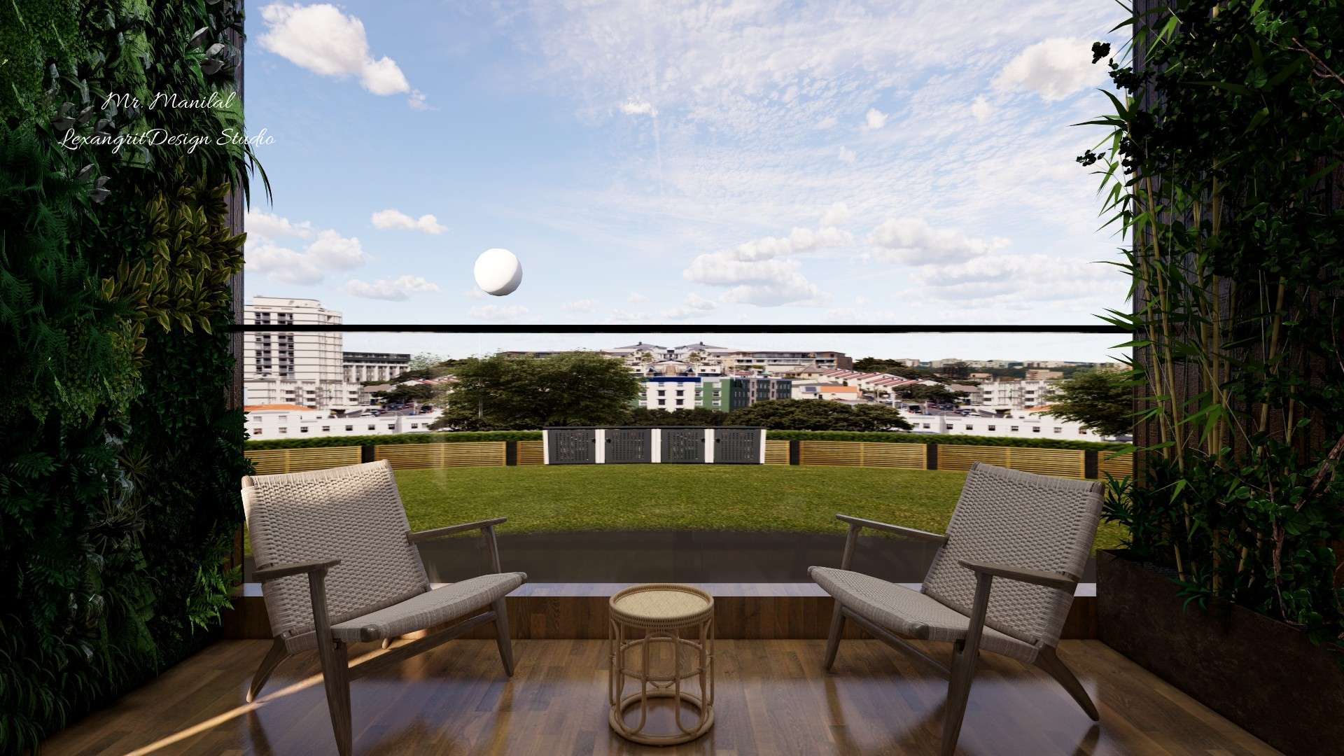 Balcony with wooden-textured tile flooring, two-chair seating, small centre table, and plant walls on both sides.