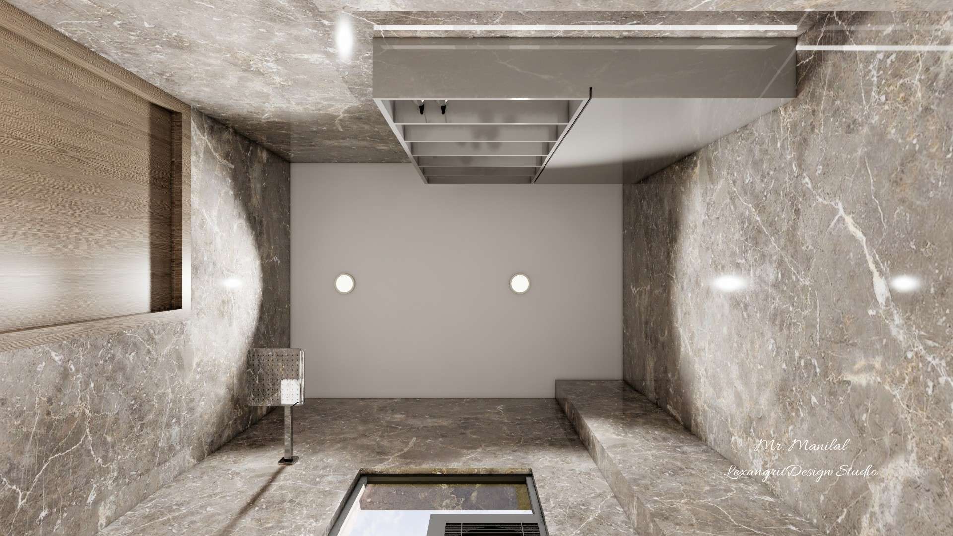 Bathroom ceiling with two surface mounted lights for bright illumination