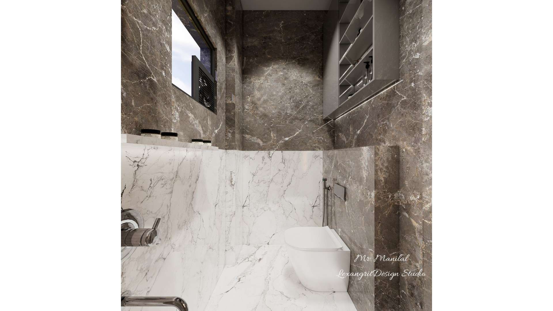 Bathroom wall with continuous brown glossy and white veined tile pattern