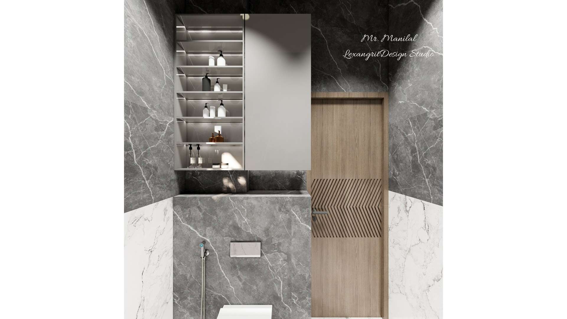 Bathroom design featuring vertical half–black and half–white tiles, a wall-hanging white commode with a half-open, half-closed storage unit made from HDHMR and laminate, suitable with IS 710 or BWP ply (not IS 303, BWR, or MR), and a laminated entrance door on the right wall.