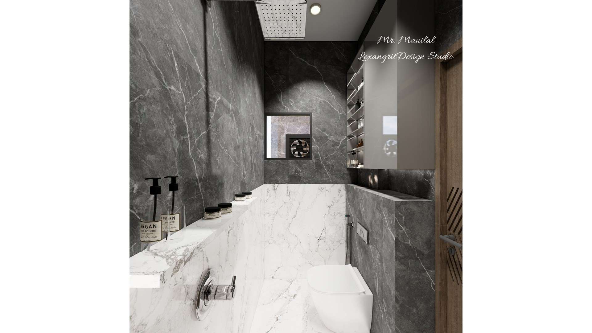 Bathroom design featuring vertically installed half black and half white tiles, a wall-hanging commode with hidden cistern and overhead storage unit on the right, a niche for shampoo and soaps on the left, and a ventilation window with exhaust fan at the front wall.