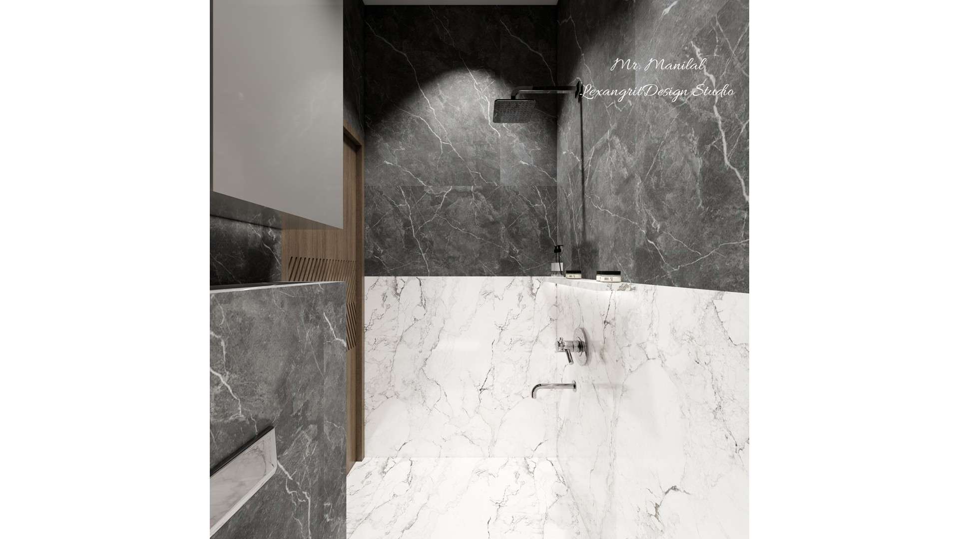 Bathroom design with separated dry and wet areas, shower in the wet area, bottom half wall in white marble finish tiles, top half in black marble finish tiles, with three walls following the same pattern and one left-side wall having a reversed tile combination for aesthetic balance.