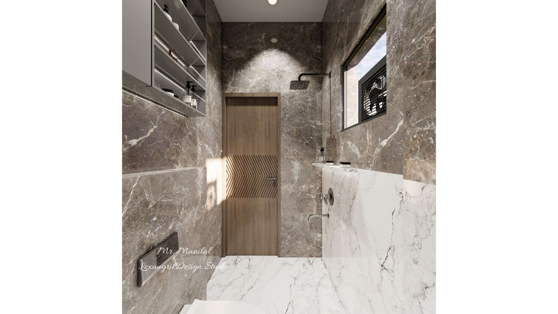 Bathroom entrance wall with wooden textured groove cut door and matching brown white tiles