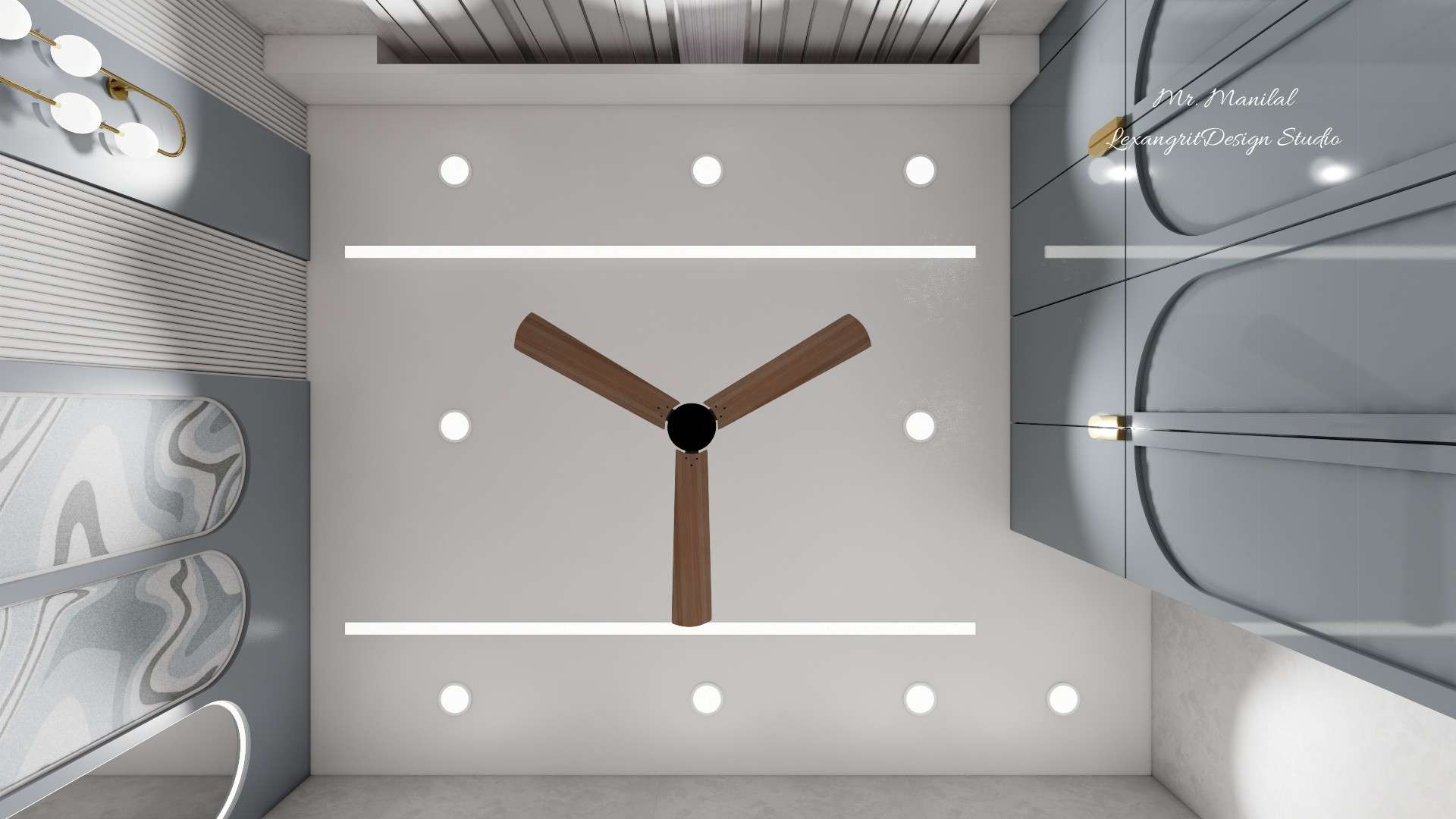 Top view of a minimal bedroom false ceiling with two parallel profile lights, recessed spot lights and a ceiling fan with wooden blades