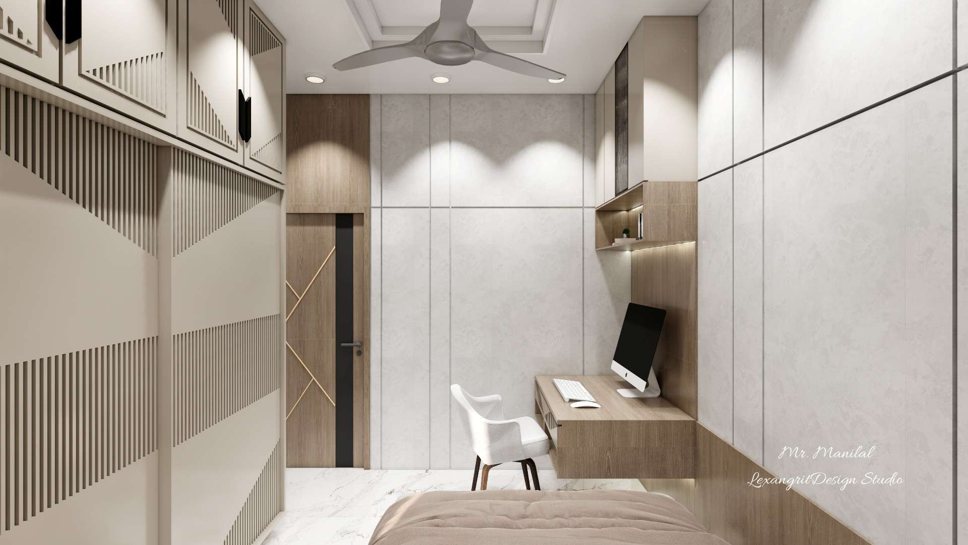 Bedroom entrance with groove-cut dead wall, wardrobe on left, and study unit on right in a clean, modern interior design.