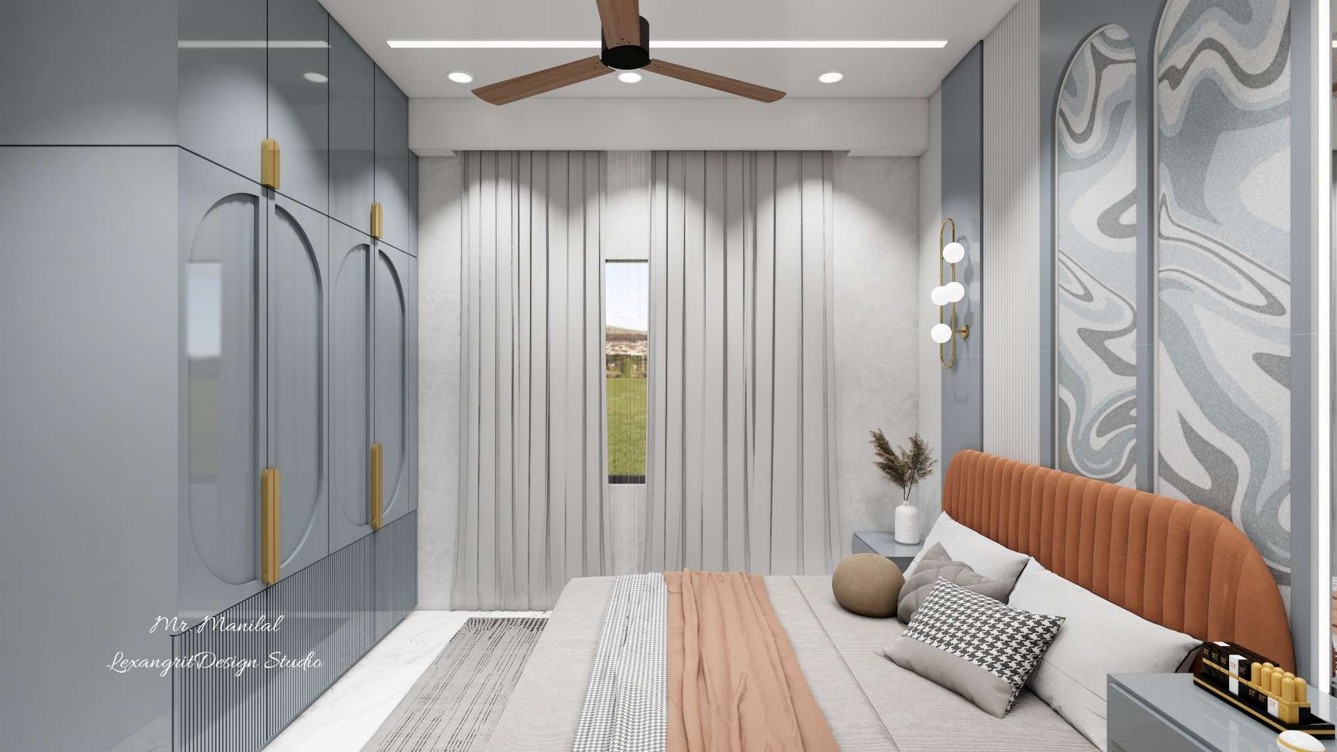 Bedroom window wall with full height curtains allowing natural daylight inside