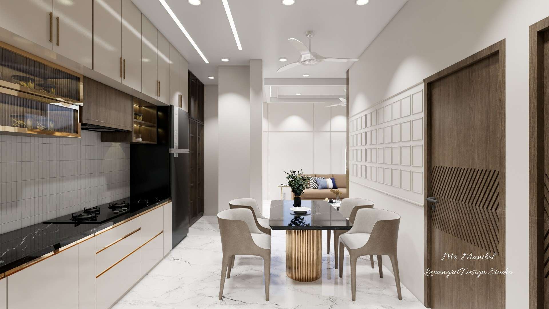 Black marble kitchen countertop with cabinetry on the left, crockery unit at the end, living area visible, and a luxury dining setup featuring a black marble dining table with a golden fluted base and four leather-upholstered chairs.