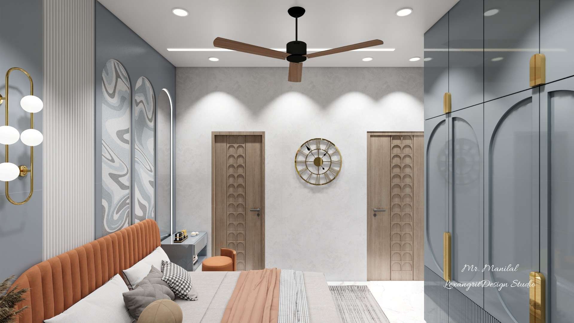 Modern bedroom door wall with CNC cut wooden textured entrance and toilet doors and wall clock