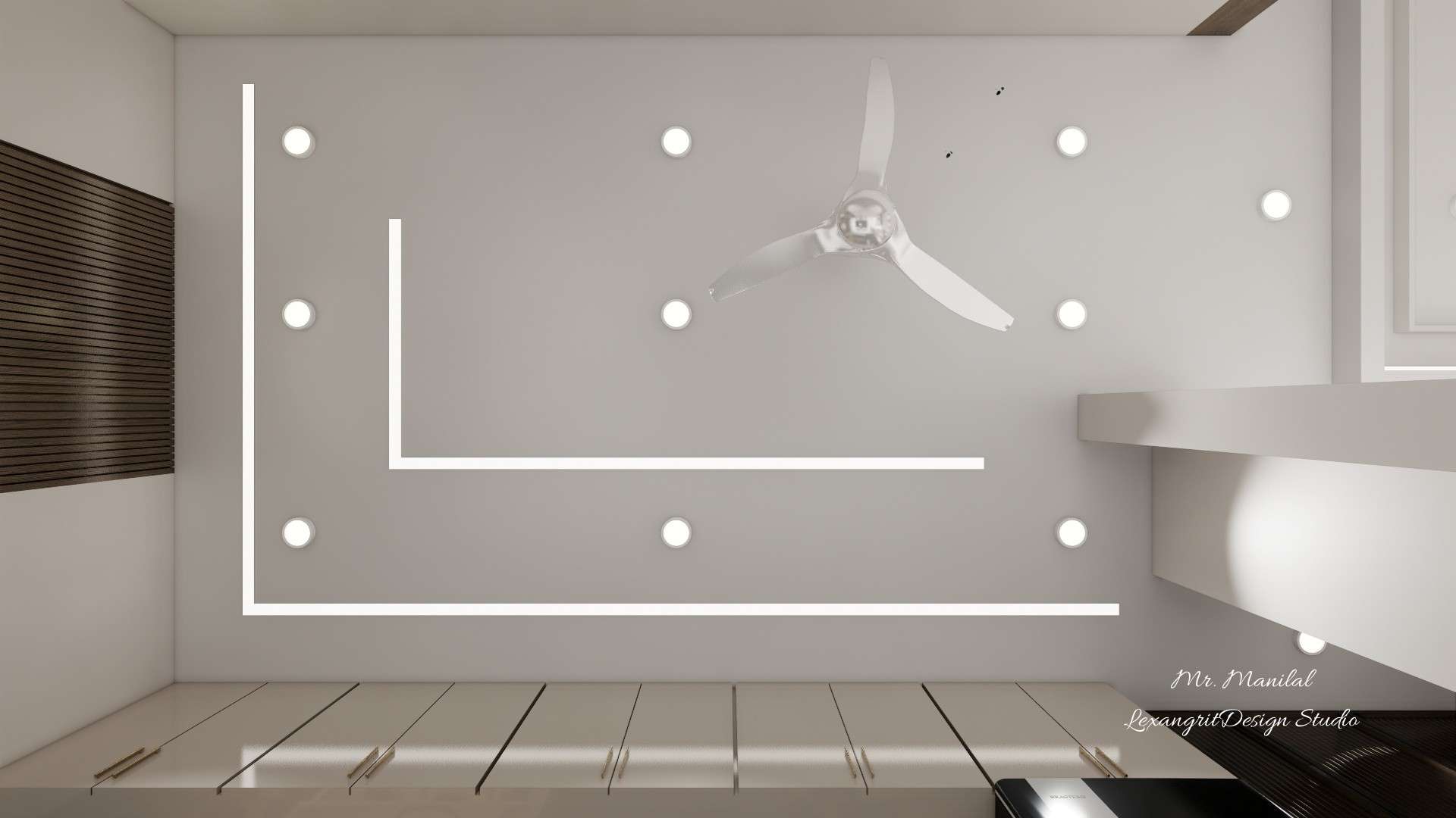 Top view of a dining area ceiling with two nested L-shape profile lights, recessed spot lights and a ceiling fan