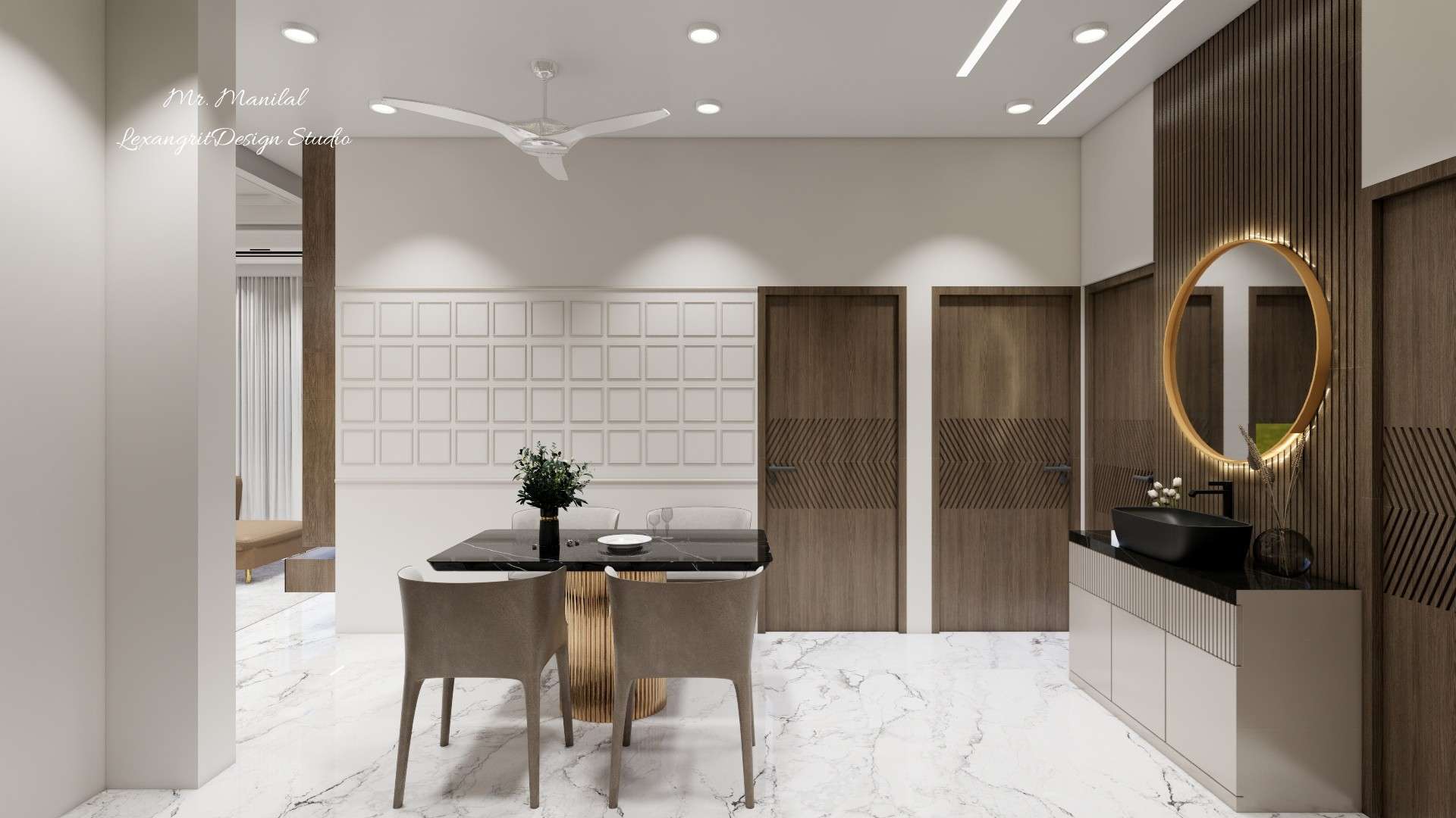 Modern dining area interior design featuring HDHMR wall panels with square panel wooden wall design and PVC bit border detailing, a 4-seater black marble dining table, integrated wash basin unit with black marble countertop, laminated vanity bowl, round mirror, and a seamless dining and living area layout.