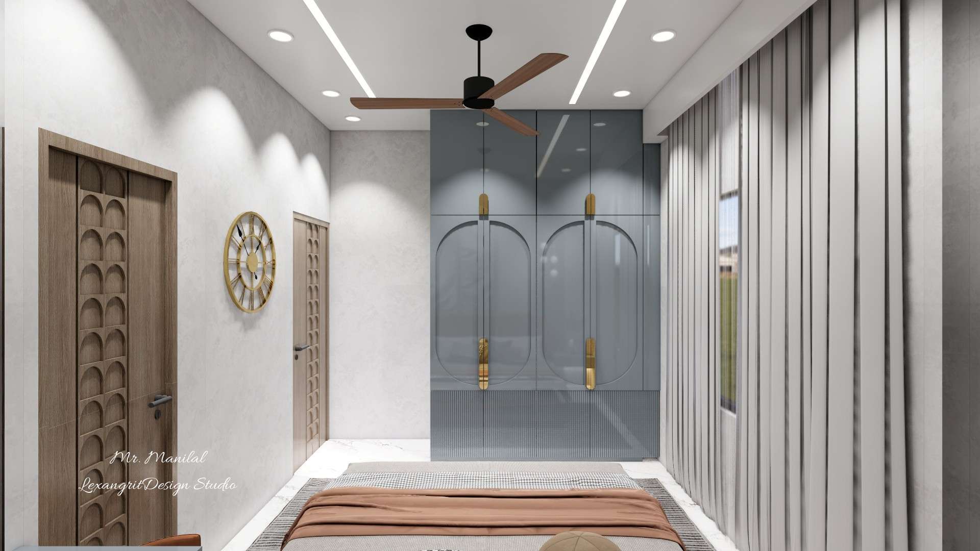 Grayish blue wardrobe wall with four shutter wardrobe, loft storage, and golden handles