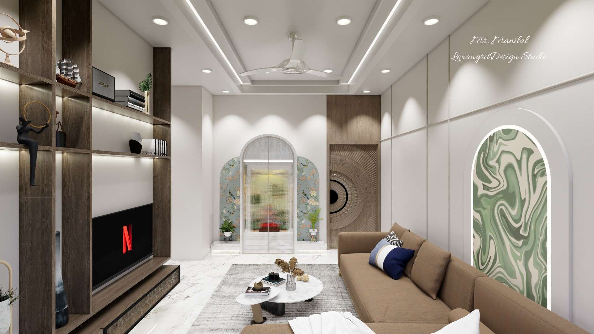 Living area pooja unit made with HDHMR or plywood featuring white marble texture laminate, fluted glass shutters, half-arched wallpaper background, plant pots, HDHMR CNC-cut main door with PU or duco finish, wooden laminated TV unit on the left, and sofa wall on the right.