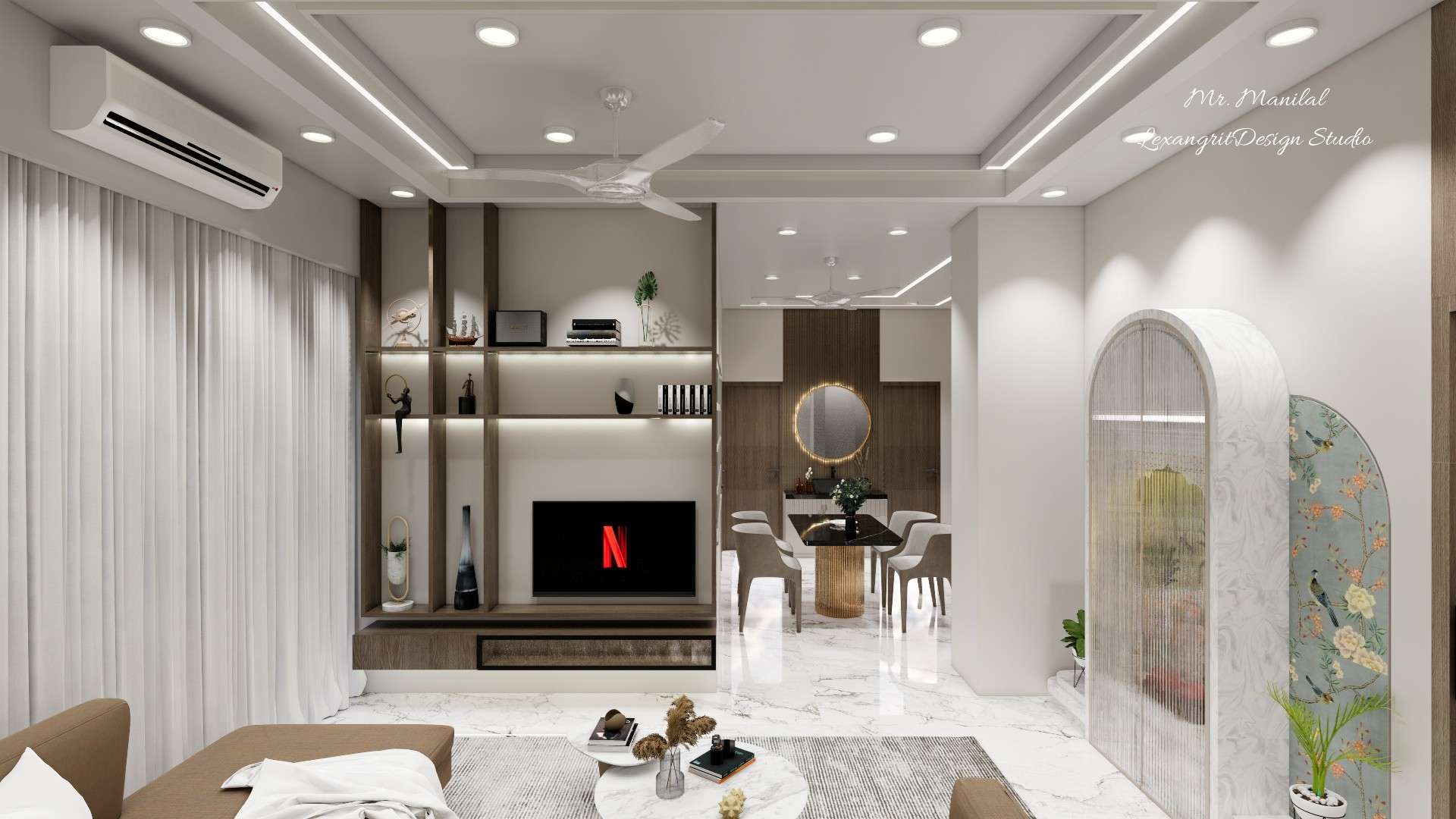 Living area TV unit with laminated wooden shelves made of plywood or HDHMR, TV console with drawers and fluted glass sliding shutters, dining area visible through the right passage with wash basin unit, wash bowl, wall paneling, black marble finish dining table, and a pooja unit with fluted glass shutters on the right.