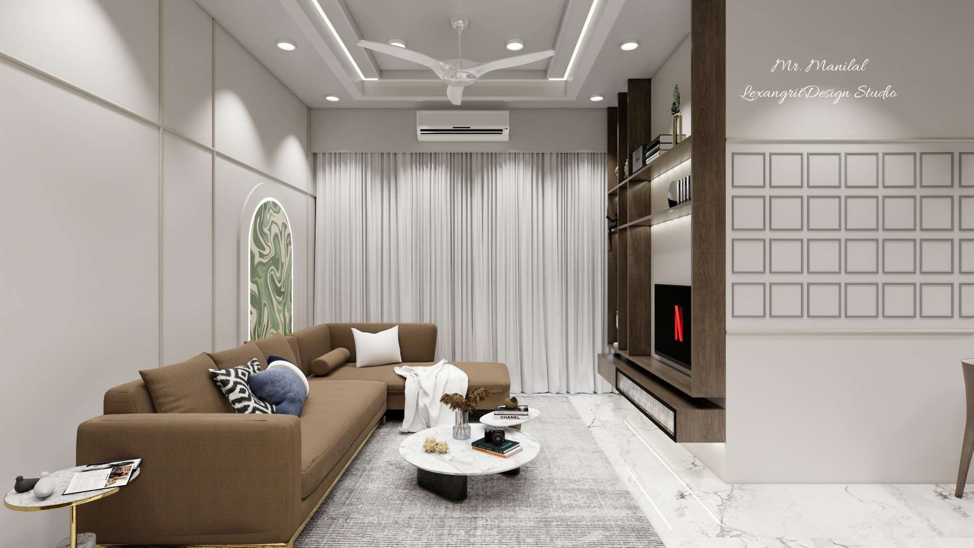 Living room interior featuring a wall-mounted split AC above a curtain pelmet with long white curtains, a tan L-shaped sofa, wooden TV unit, and a framed