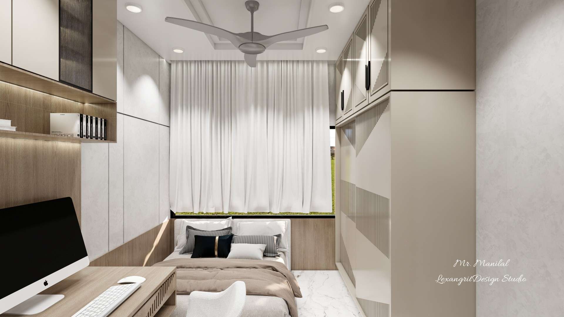 Modern bedroom interior with a full-height curtained window behind the bed, two-step tray gypsum ceiling, beige SMT laminate slider wardrobe with lofts, groove-cut wall design, wooden laminated study unit, and upper cabinets with beige laminate and fluted glass shutters.