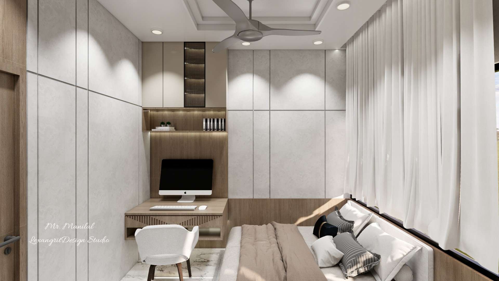 Modern bedroom with veneer study unit, hanging drawer table, horizontal open shelf, fluted glass loft shutter, beige laminate storage, and textured groove-cut bedside wall.