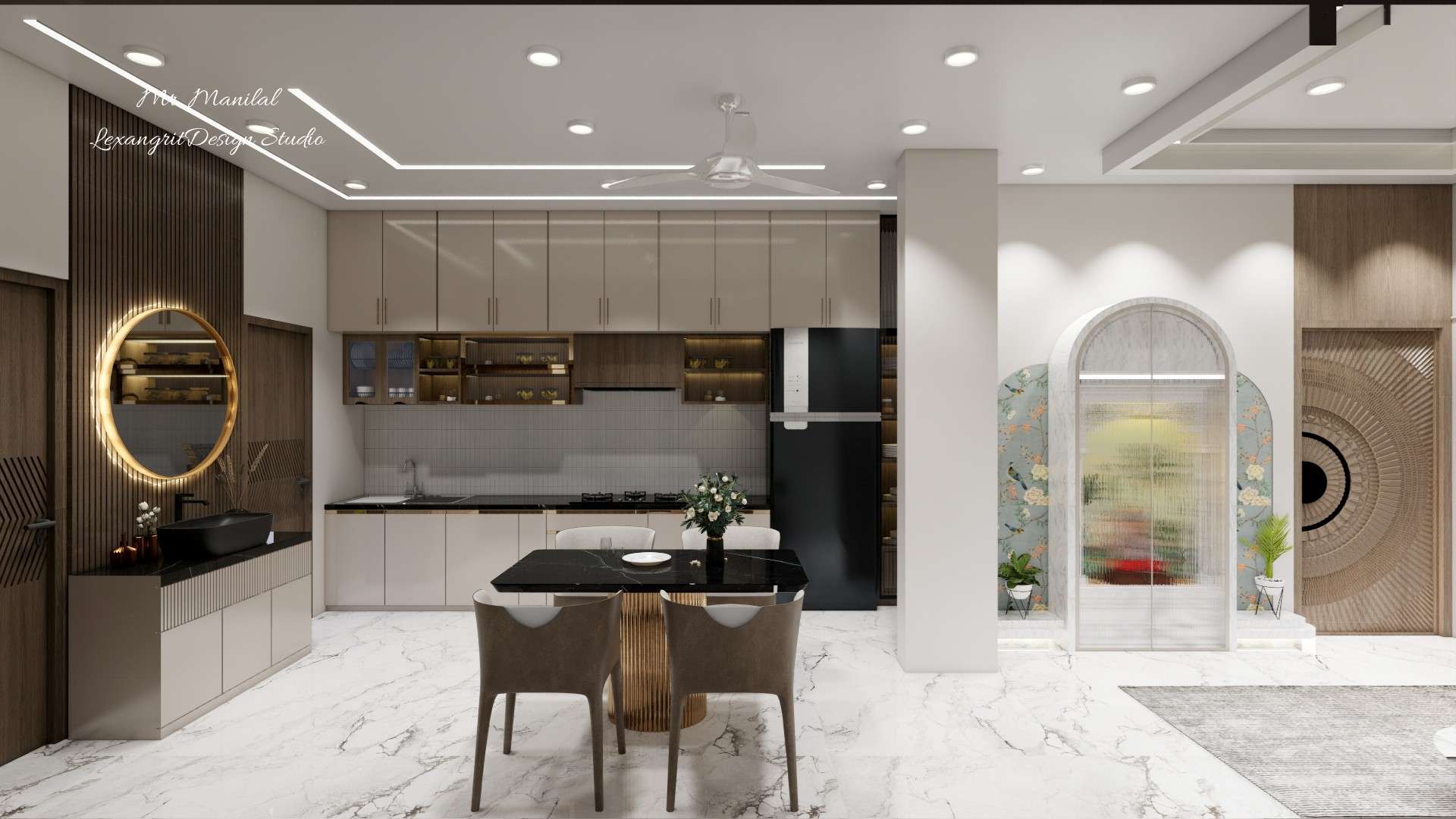 Modern hall interior with arch-style puja unit, arch wallpaper, beige PVC one-wall kitchen, black marble handwash counter and fluted dining table.