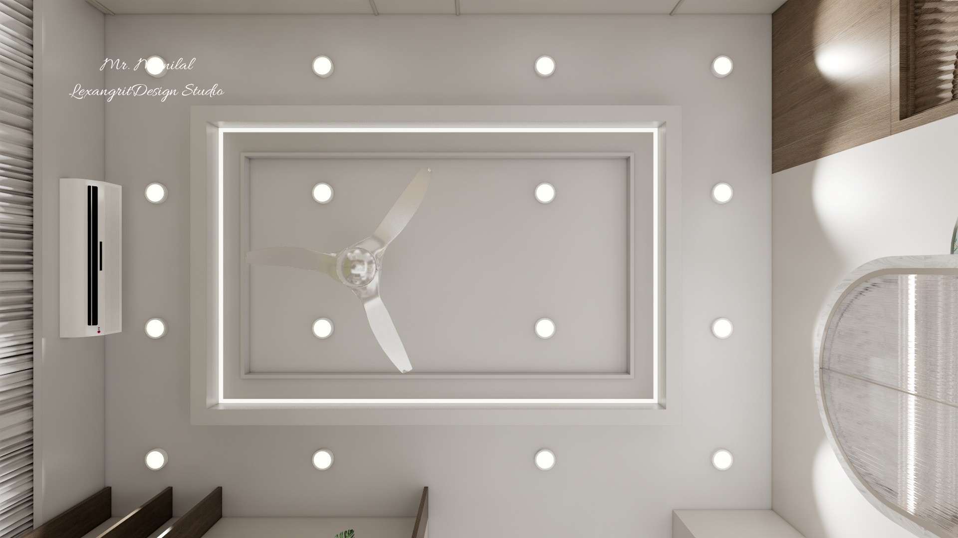 Top view of a modern living room false ceiling with a rectangular profile light border, an inner tray, recessed spot lights in a grid and a ceiling fan, with a wall-mounted AC on the left