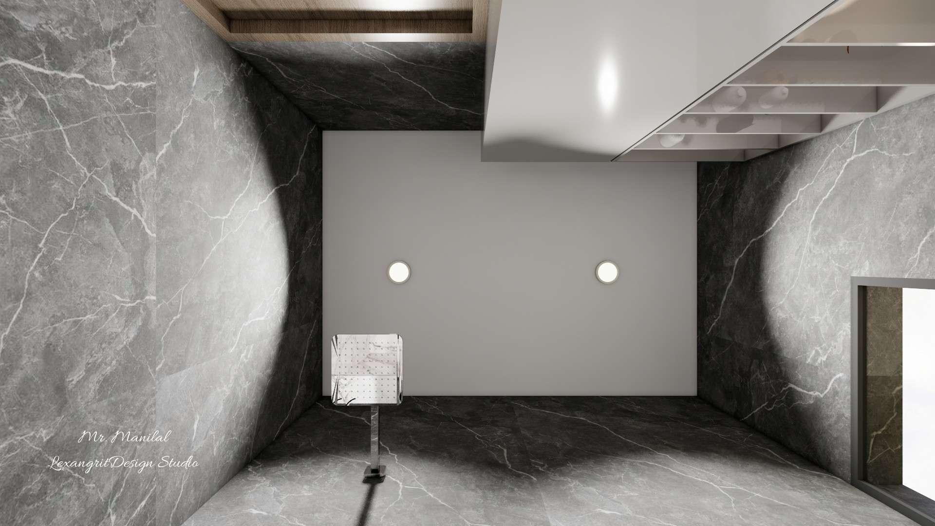 Toilet ceiling design featuring a plain gypsum ceiling with two panel lights, protected using oil-based primer and oil-based paint, and four walls finished with anti-skid black marble tiles