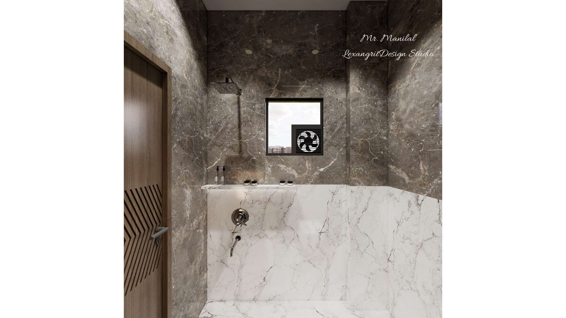 Bathroom shower wall with brown glossy tiles on top, white veined tiles below, and window ventilation