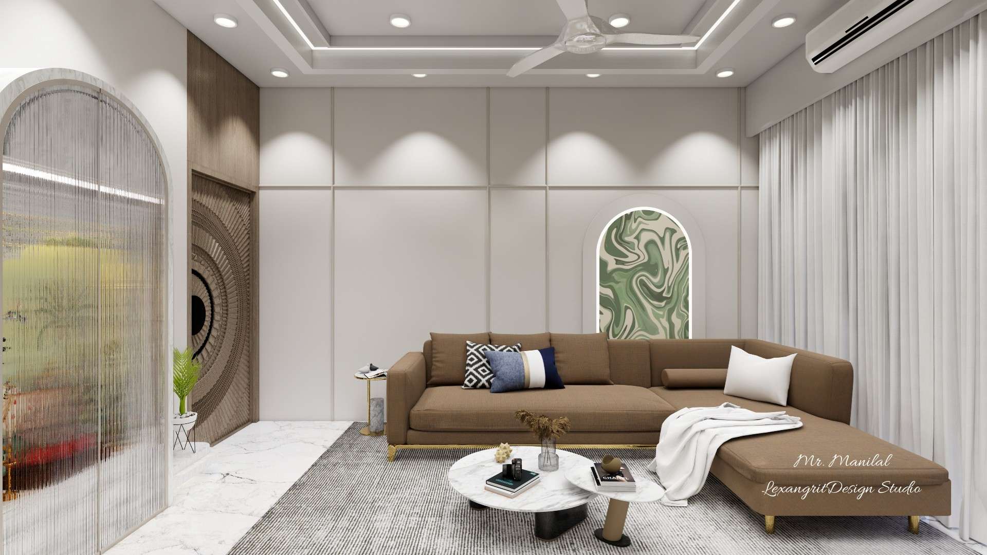 living room sofa back wall design featuring wooden and pvc wall design for living room sofa back panel design detailing, paint finish, and an arch-shaped wallpaper accent creating a modern interior look.