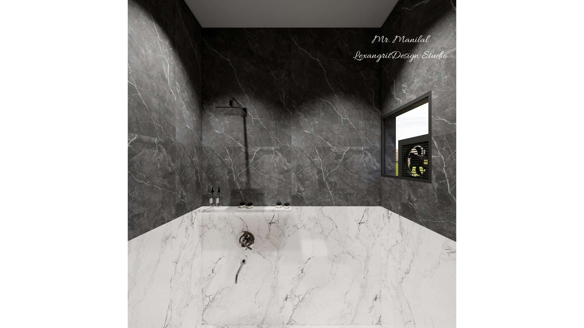 Bathroom design with separated dry and wet areas, shower in the wet zone, bottom half wall finished with white marble tiles, and top half wall finished with black marble tiles.