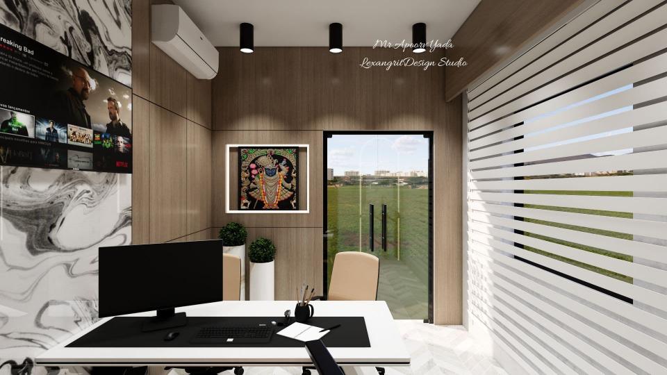 Boss office back wall design featuring an elegant onyx sheet arch, ideal for a premium boss office cabin design with a modern office back wall layout, suitable for small and luxury office cabin interiors