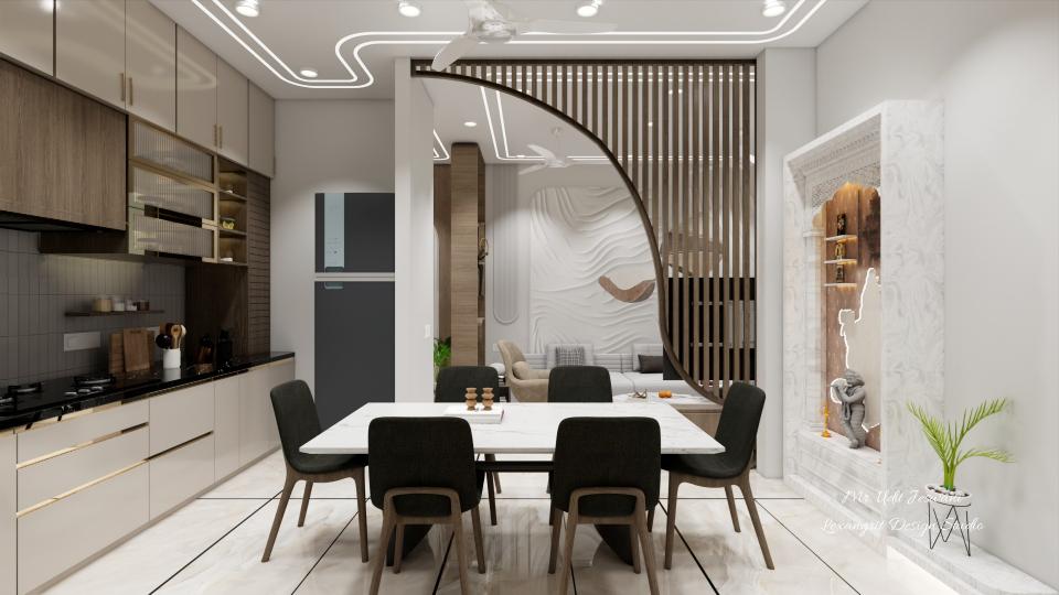Dining area design featuring a centrally placed six-seater dining table, a half-arch TV unit cum partition separating the living and dining spaces, kitchen with rafters, kitchen units on the left, and a pooja unit positioned on the right.