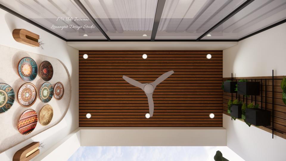 Balcony PVC ceiling design with recessed surface lights and ceiling fan, modern outdoor balcony false ceiling for Indian homes