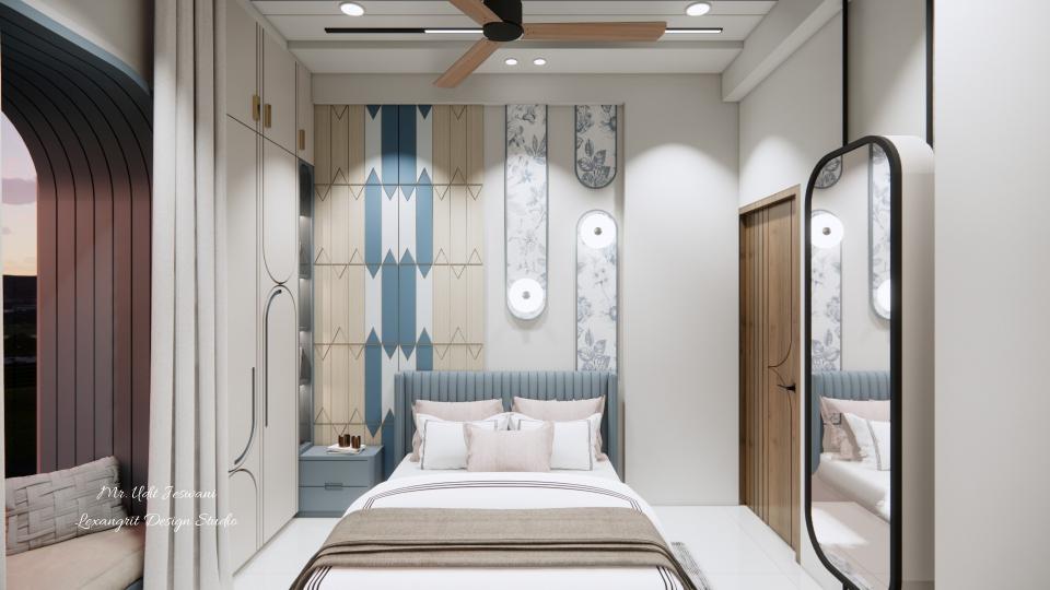 Bed back unit with hdhmr in zig zag grooves with duco blue,grey & beige finish, combination of arch with wallpaper & round wall lights bed with side table, dressing unit on the right, wardrobe and window seating on the left.