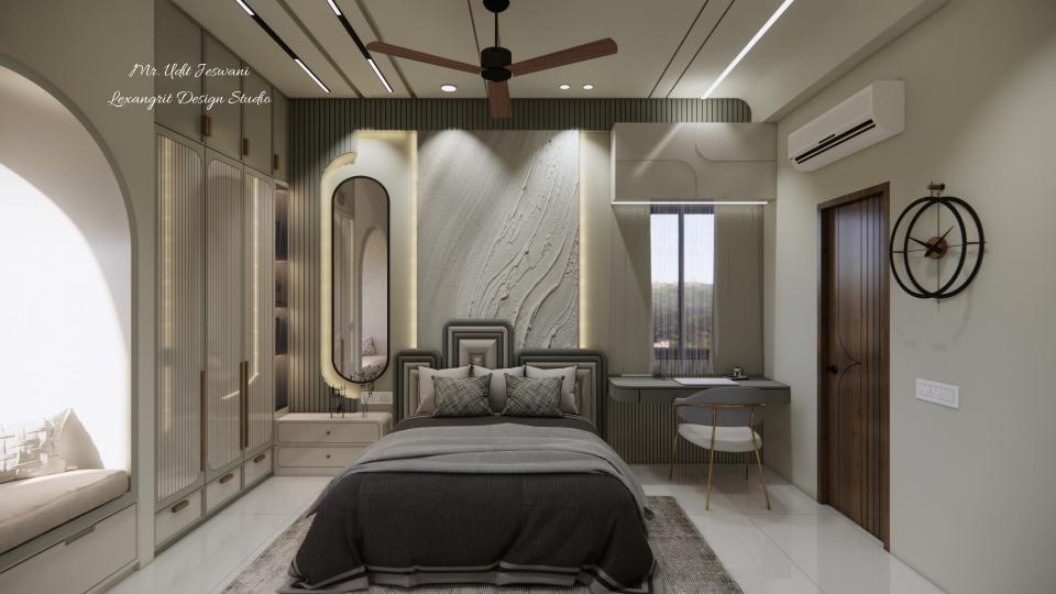 Bed back with cement rough finish or pop finish with profile lights & dressing unit with rafters at back,study unit under the window & storage above the window with hdhmr glossy laminate finish, wardrobe at the left with window seating.