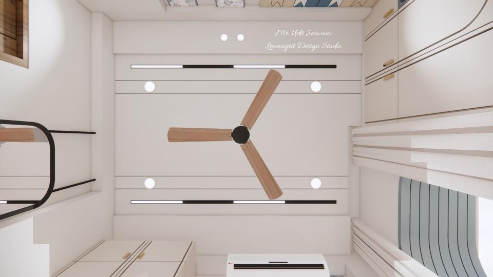 Ceiling with pop or gypsum board with linear track lighting & combination of spot & recessed lights,fan at the centre.