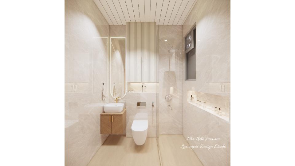 Dining room wash basin with vanity storage in WPC laminate, full mirror, beige tile wall and shower corner.