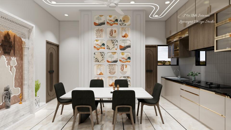Dining area accent wall designed with an HDHMR or plywood frame finished in duco paint and wallpaper combination, paired with a six-seater dining table and chairs, a pooja unit in ply or HDHMR with stone-finish laminate, and kitchen units positioned on the right side.