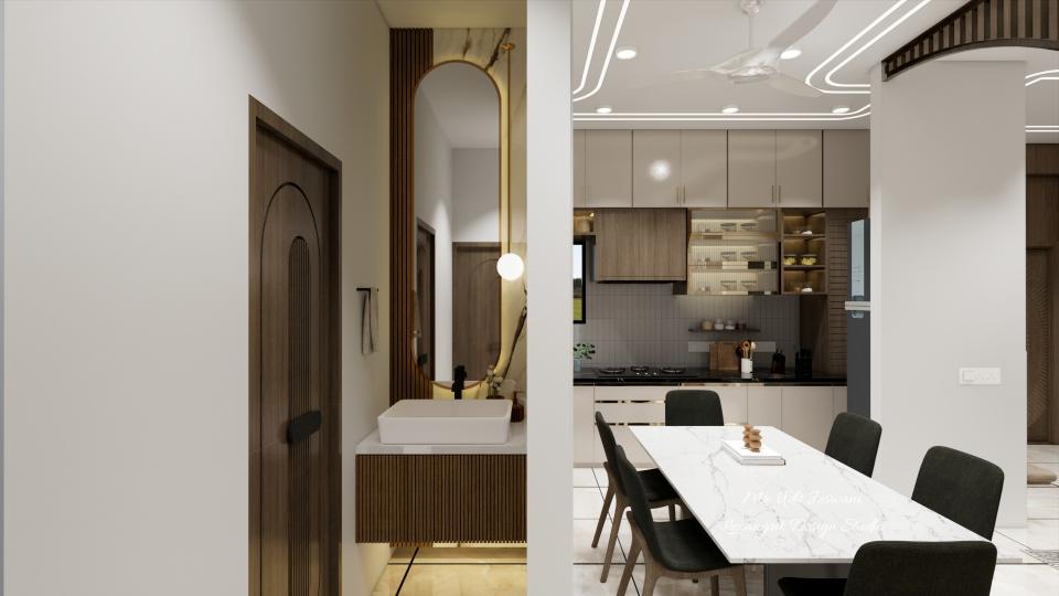 Dining area countertop wash basin with vanity storage made from uPVC or HDHMR, finished in wooden laminate, featuring a full-height mirror with UV marble laminate backing, with the dining table and kitchen units positioned on the right.