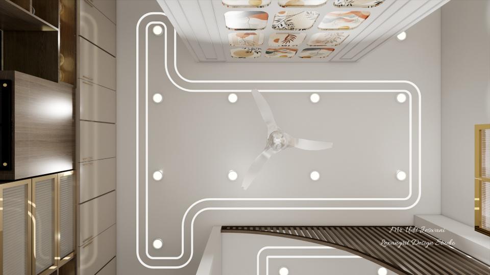 Top view of a dining and kitchen false ceiling with curved double-line profile lights, recessed spot lights and a ceiling fan