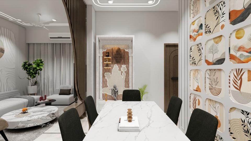 Dining area pooja unit crafted in HDHMR or plywood with UV marble finish laminate, featuring an illuminated Shiva sculpture at the center with minimal storage, a dining accent wall on the right, living area on the left, and a TV unit acting as a separator between the living and dining spaces.