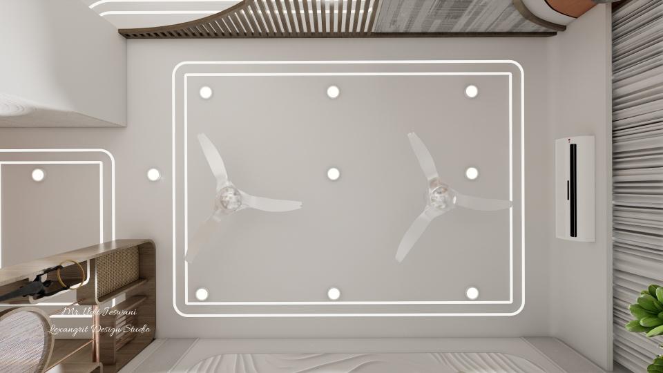 Top view of a false ceiling with two parallel rectangular profile light lines, recessed spot lights and two ceiling fans, with a wall-mounted AC on the right