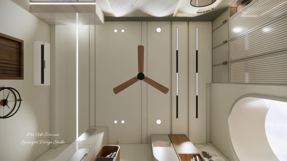 Falseceing with pop or gypsum board with track lighting & combination of spot and recessed lights with linear profile light runs above the door.