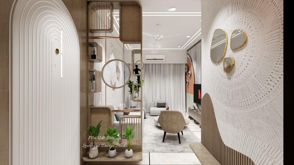 Foyer seperating living area with custom wooden separator