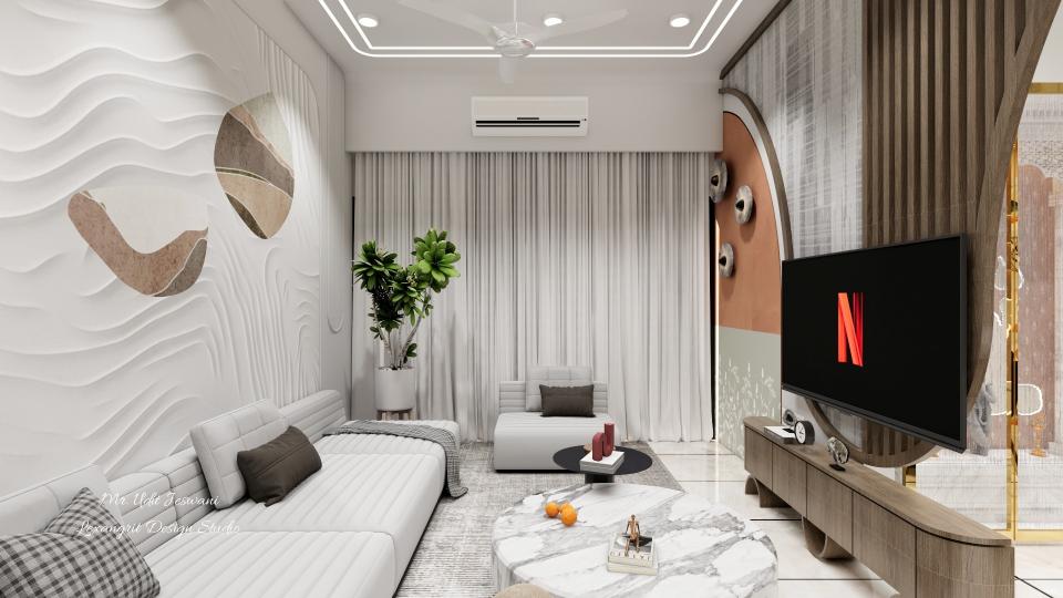 Full height curtain of grey fabric,Tv unit on right & sofa wall on left.